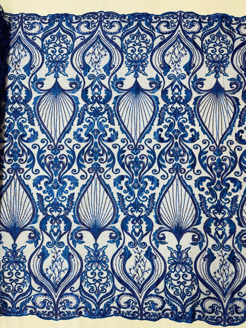 Leaf Damask Bead Fabric - Royal Blue - Embroidered Sequins Heavy Beaded Lace Fabric by Yard