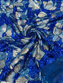 Orchid Flower Sequins Design - Royal Blue - Embroidered 4 Way Stretch Full Of Sequins Fabric Sold By Yard