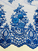 3D Floral Fabric with Pearls - Royal Blue - Embroidered Flower and Leaf Patterns on Lace Fabric by Yard