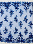 3D Rhinestone Flower Fabric - Royal Blue - 3D Flower Beaded Clusters with Sequins and Rhinestones By Yard