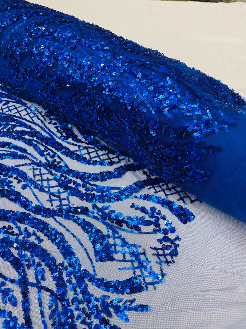 Wavy Floral Beaded Fabric - Royal Blue  - Geometric Beaded Sequins Embroidered Fabric Sold By Yard