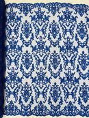 Beaded Butterfly Pattern Fabric - Royal Blue - Damask Fancy Bead Sequins Fabric Sold by Yard