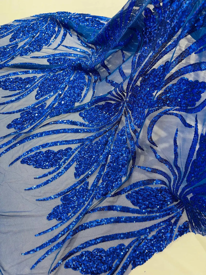 Wavy Leaf Design Fabric - Royal Blue - 4 Way Stretch Sequins Lace Mesh Leaf Design Fabric by Yard