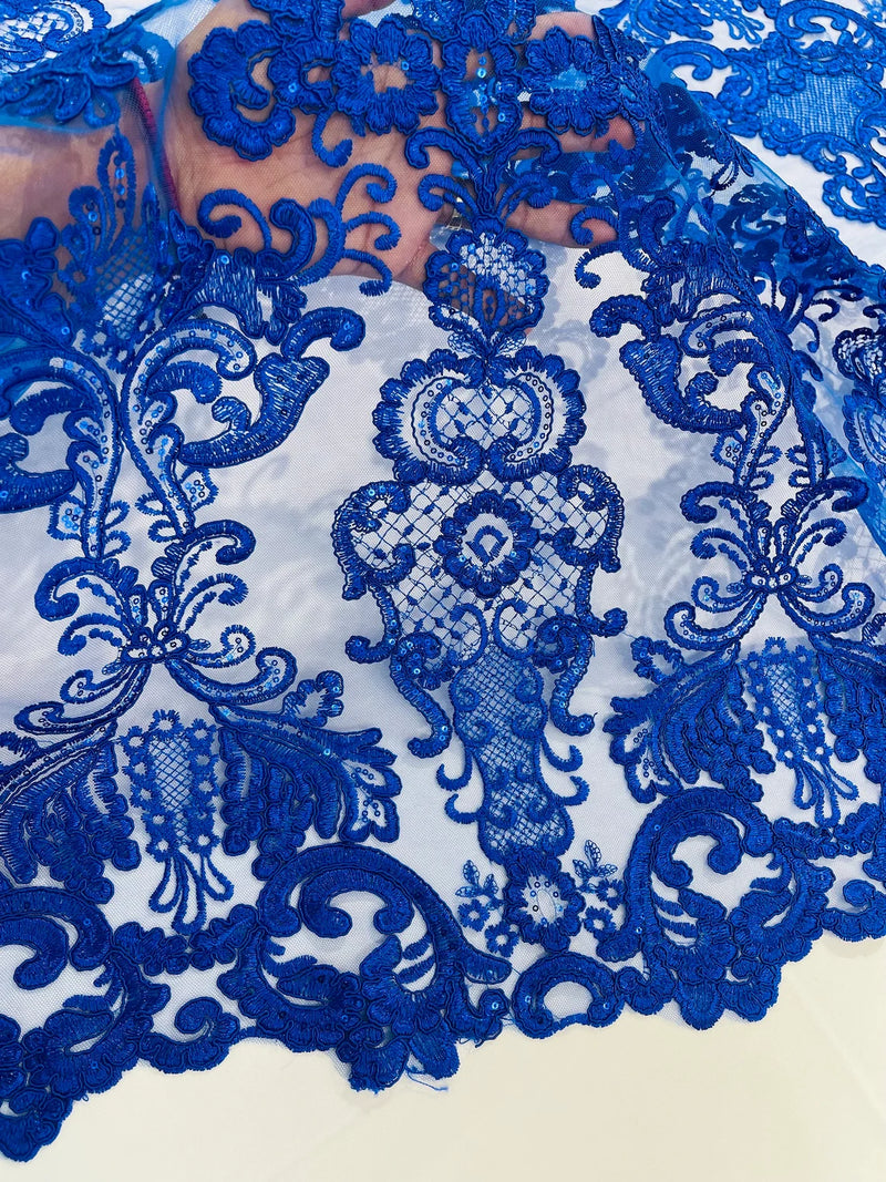 King Lace Design Fabric - Royal Blue - King Design with Sequins Embroidered On Mesh By Yard