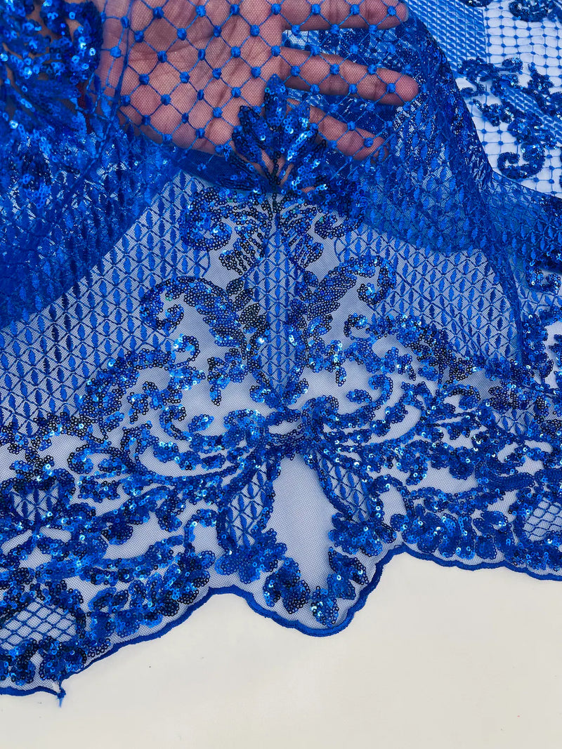 King Damask Lace Fabric - Royal Blue - Corded Embroidery with Sequins on Mesh Lace Fabric By Yard