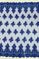 Floral Damask Corded Fabric - Royal Blue - Embroidered Floral Design with Damask Border By Yard