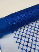 Diamond Net Bead Fabric - Royal Blue - Geometric Embroidery Beaded Sequins Fabric Sold By The Yard