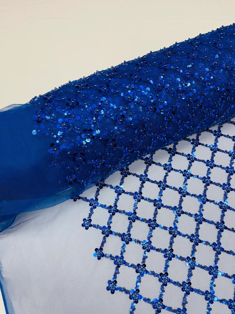 Diamond Net Bead Fabric - Royal Blue - Geometric Embroidery Beaded Sequins Fabric Sold By The Yard