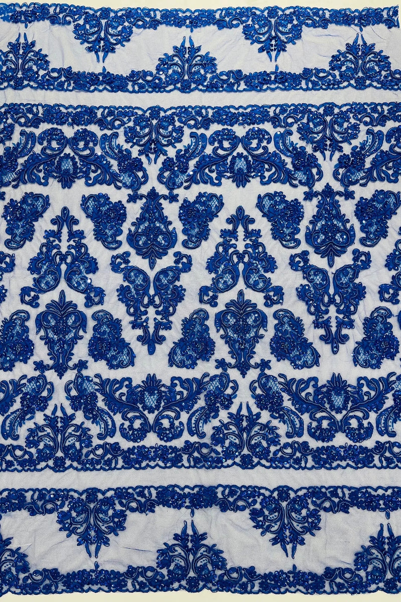 My Lady Beaded Fabric - Royal Blue - Damask Beaded Sequins Embroidered Fabric By Yard