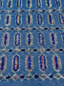 Geometric Stretch Sequin - Royal Blue - Fancy Gem Design on Mesh By Yard