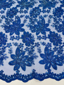 Metallic Floral Lace Fabric - Royal Blue  - Hologram Sequins Floral Metallic Thread Fabric by Yard