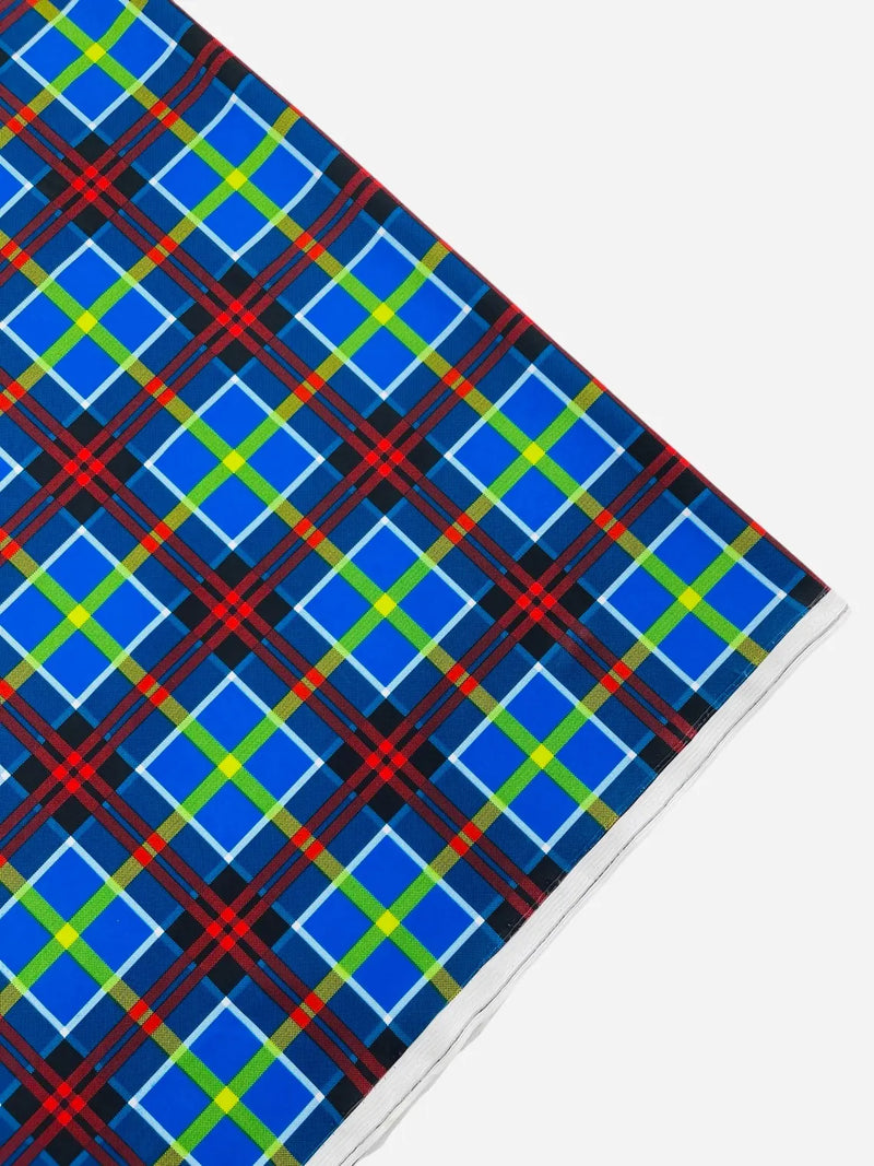 58-60" Plaid Print Milliskin Fabric - Royal Blue - Spandex 4 Way Stretch Plaid Fabric Sold by Yard