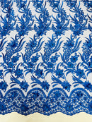 3D Floral Leaf Line Panels - Royal Blue - 3D Embroidered Flower Lines with Pearls on Lace By Yard