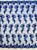 3D Floral Cluster with Border Lace - Royal Blue - Flower with Leaves Design 3D Fabrics Sold By Yard