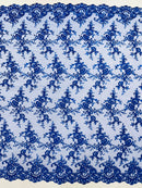 Plant Design Lace Fabric - Royal Blue - Small Plant Flower Leaf Design Lace Fabric Sold By Yard