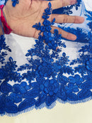 Flower 3D Corded Fabric - Royal Blue - Lace Mesh Fabric Embroidered Floral Design by Yard