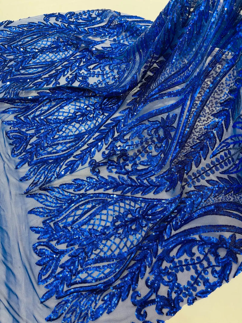 Mermaid Design Fabric - Royal Blue - 4 Way Stretch Sequins Fabric on Lace Mesh Sold By Yard