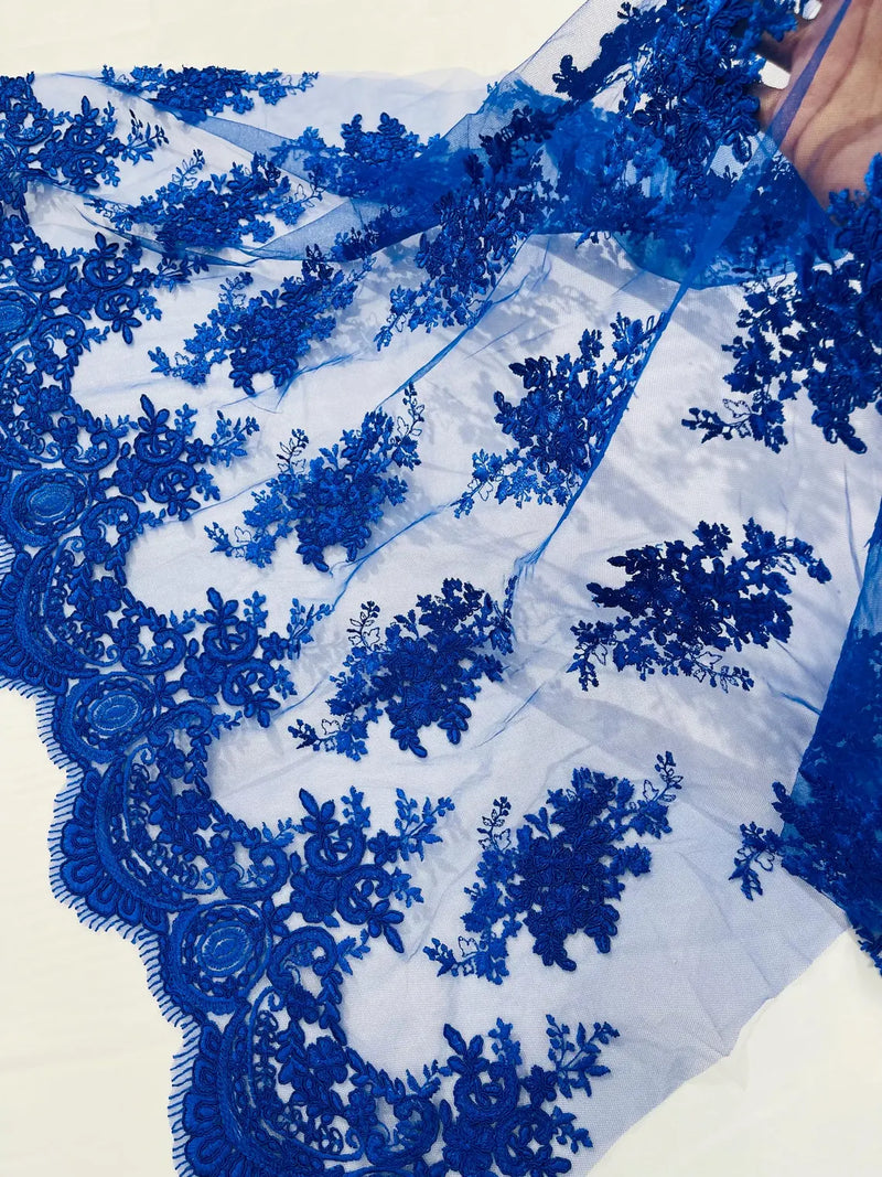 Damask Flower Lace Fabric - Royal Blue - Damask Flowers Embroidered on Lace Fabric By Yard