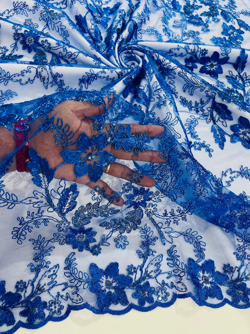 Flower Metallic Lace Fabric - Royal Blue - Corded Floral Sequins Design Fabric Embroidered on Lace by Yard