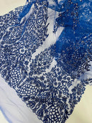 Fancy Rhinestone Glitter Fabric - Royal Blue - Embroidered Damask Design Glitter Mesh Fabric by Yard