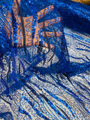 Wavy Leaf Lines Fabric - Royal Blue - Beaded Sequins Leaf Pattern Embroidered On Mesh By Yard