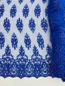 Embroidered Bead Fabric - Royal Blue - Floral Damask Bead Bridal Lace Fabric by the yard