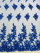Rose Beaded Sequin Fabric - Royal Blue - Embroidered Floral Pattern with Beads and Sequins By Yard