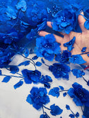 3D Orquidia Floral Lace - Royal Blue - Beautiful Orchid Flower Fabric on Mesh by Yard