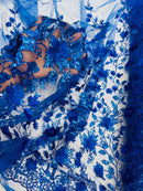 3D Glitter Floral Fabric - Royal Blue - Glitter Sequin Flower Design on Lace Mesh Fabric by Yard