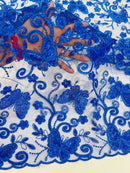 Butterflies Swirl Design - Royal Blue - Metallic Sequins Butterflies on Lace Fabric By Yard