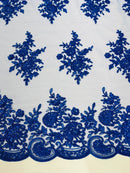 Flower Lace Sequins Fabric - Royal Blue - Embroidered Floral Pattern Fabric with Sequins on Lace By Yard