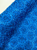 Sequins Satin Rosette Fabric - Royal Blue - 3D Satin Rose Sequins Floral Fabric Sold By The Yard