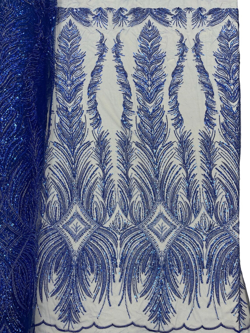 Beaded Line Fabric - Royal Blue - Luxury Bridal Line Pattern Fabric With Beads, Sequins Sold By Yard