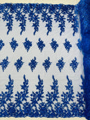 Rose Beaded Sequin Fabric - Royal Blue - Embroidered Floral Pattern with Beads and Sequins By Yard