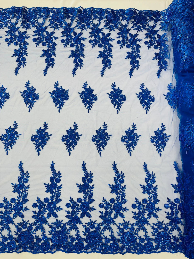 Rose Beaded Sequin Fabric - Royal Blue - Embroidered Floral Pattern with Beads and Sequins By Yard
