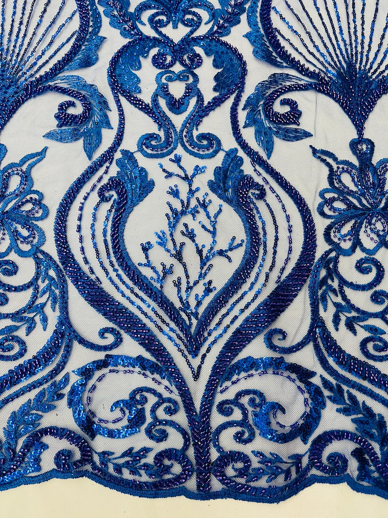 Leaf Damask Bead Fabric - Royal Blue - Embroidered Sequins Heavy Beaded Lace Fabric by Yard