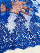 Floral Damask Corded Fabric - Royal Blue - Embroidered Floral Design with Damask Border By Yard