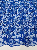 Flower Plant Sequins Fabric - Royal Blue - Embroidered Sequins On Flower Pattern Lace By Yard