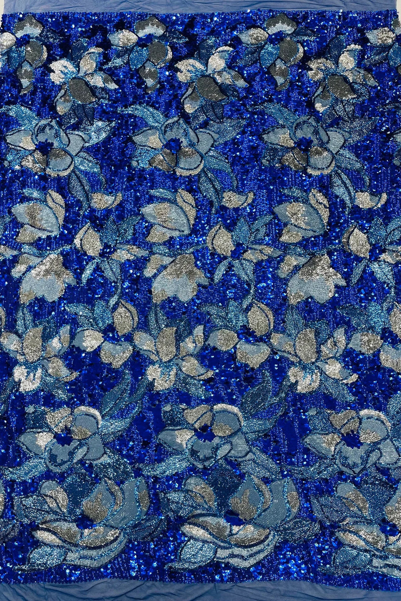 Orchid Flower Sequins Design - Royal Blue - Embroidered 4 Way Stretch Full Of Sequins Fabric Sold By Yard