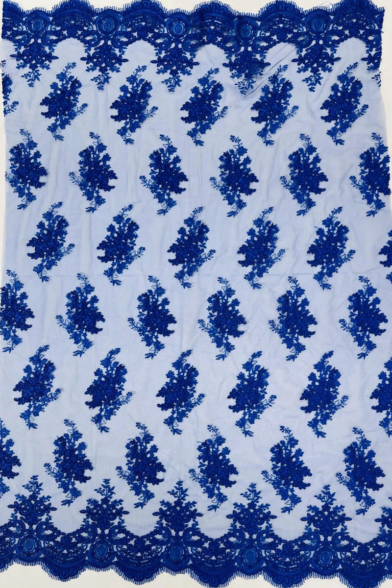 Damask Flower Lace Fabric - Royal Blue - Damask Flowers Embroidered on Lace Fabric By Yard