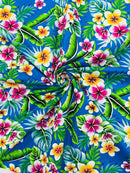 Hawaiian Floral Print Fabric - Royal Blue - 45" Plumeria Tropical Flower Cotton Fabric by Yard