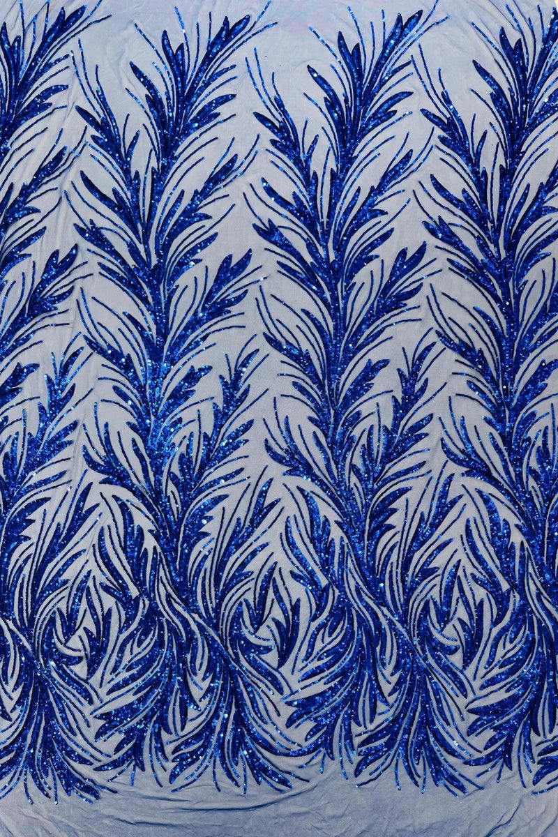 Leaf Stretch Sequins Fabric - Royal Blue - 4 Way Stretch Sequins on Lace Mesh Fabric by Yard