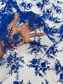 Floral Cluster Corded Fabric - Royal Blue - Fancy Flower Embroidery Lace Mesh Fabric By Yard