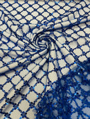 Diamond Net Bead Fabric - Royal Blue - Geometric Embroidery Beaded Sequins Fabric Sold By The Yard