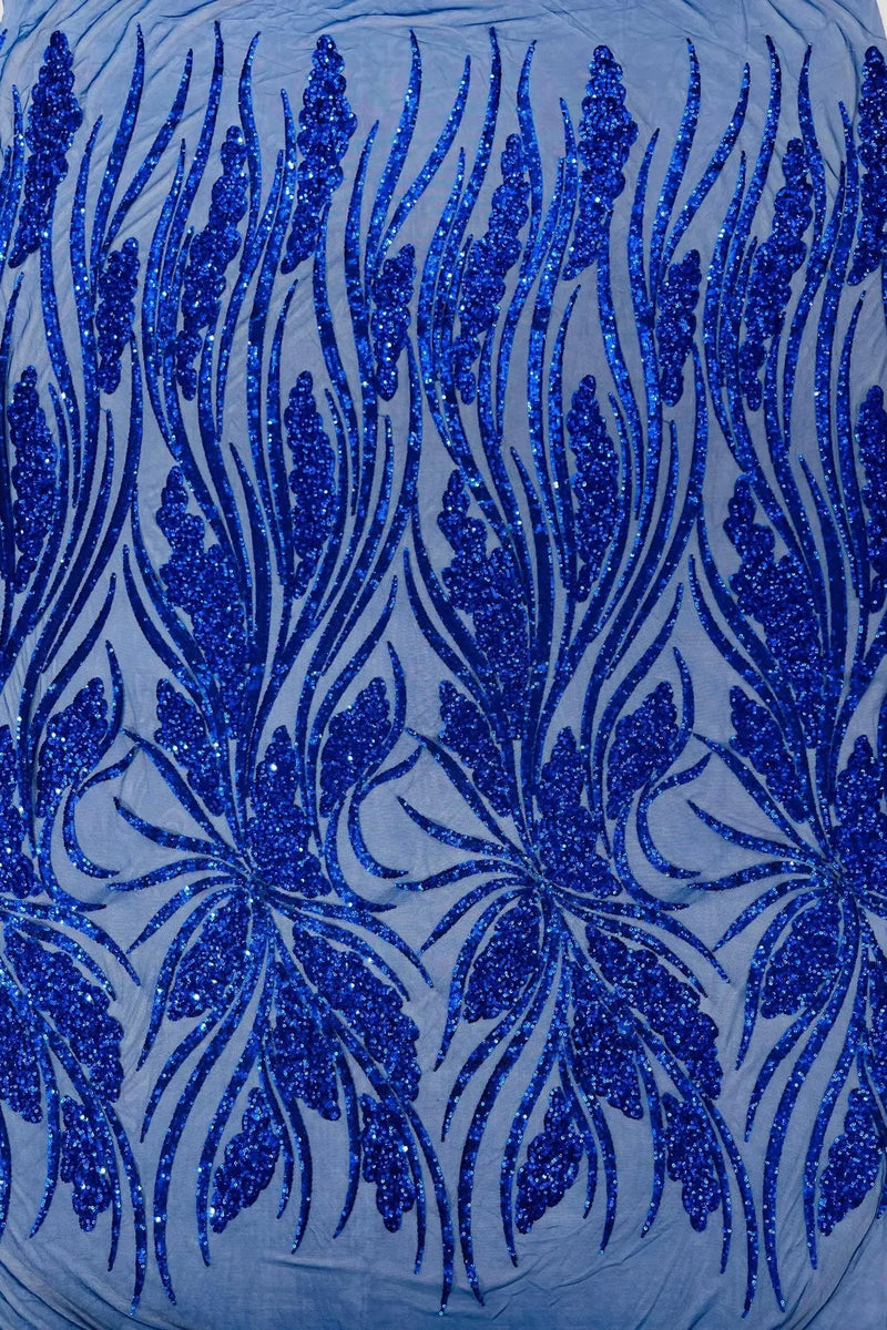 Wavy Leaf Design Fabric - Royal Blue - 4 Way Stretch Sequins Lace Mesh Leaf Design Fabric by Yard