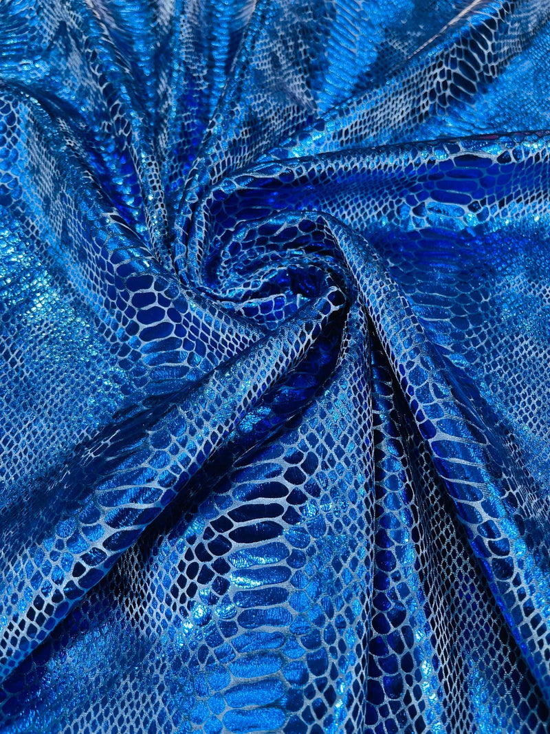 Anaconda Foil Velvet - Royal Blue - Shiny Foil Velvet Anaconda Snake Print Fabric Sold By The Yard