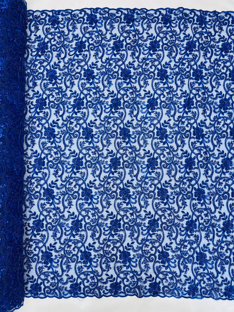 Embroidery Beaded Fabric - Royal Blue - Beaded Floral Bridal Embroidery Fabric Sold by the yard