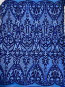 Heart Shape Sequins Fabric - Royal Blue - 4 Way Stretch Sequins Damask Fabric By Yard