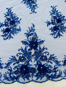 3D Rhinestone Flower Fabric - Royal Blue - 3D Flower Beaded Clusters with Sequins and Rhinestones By Yard