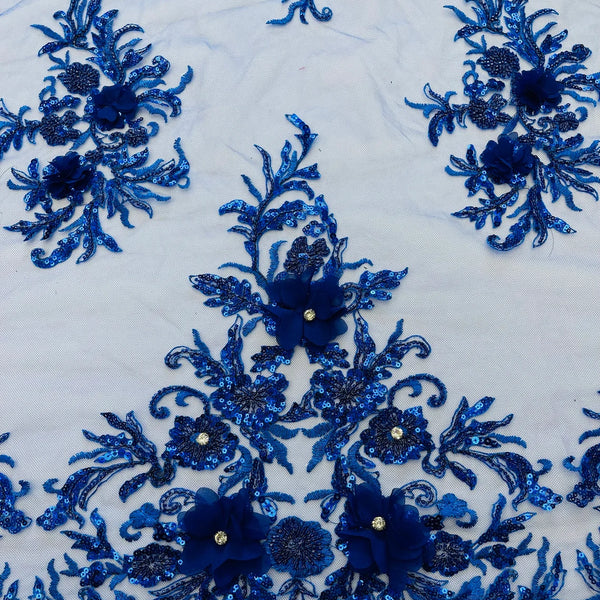 3D Rhinestone Flower Fabric - Navy Blue - 3D Flower Beaded Clusters wi